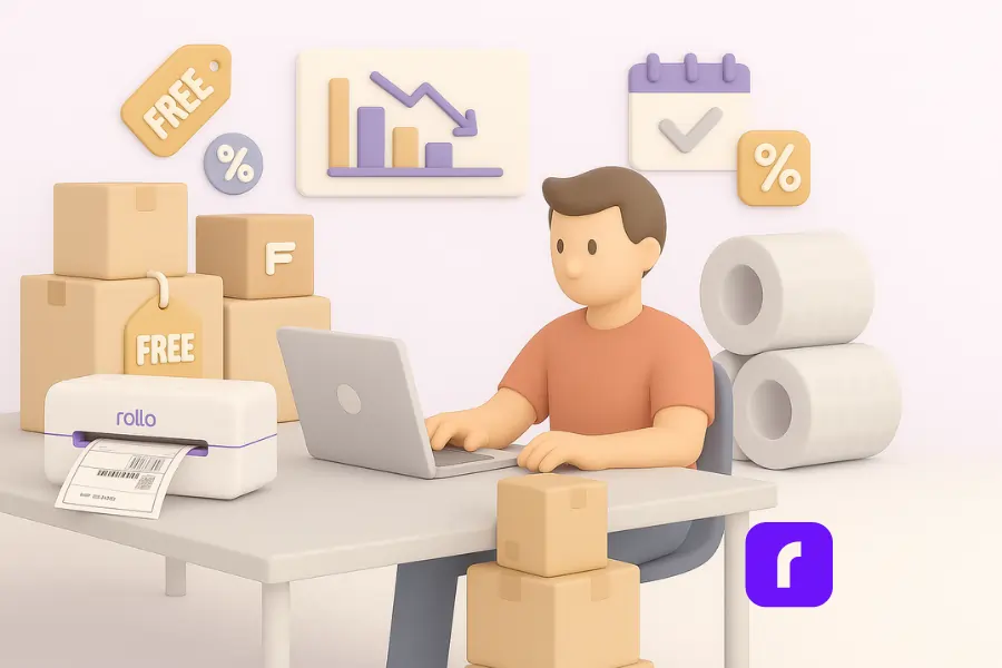 Multi Carrier Shipping Software & Money-Saving Tips 2 A modern 3D illustration in soft pastel tones shows a small business owner seated at a minimalist desk, working on a laptop. To the left, a Rollo wireless printer prints a shipping label beside a stack of cardboard boxes labeled "Free." Nearby are rolls of bubble wrap, and floating icons above the scene represent money-saving shipping strategies—such as discounts, flexible delivery scheduling, and cost reduction charts. The composition highlights smart, budget-conscious decision-making in a clean and organized workspace.