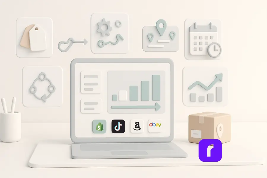 Multi Carrier Shipping Software & Money-Saving Tips 4 A 3D-rendered digital illustration in a minimalist, pastel color style depicting an e-commerce shipping optimization workspace. At the center is a laptop screen showing a simplified shipping dashboard with a bar graph and connected marketplace icons (Shopify, TikTok Shop, Amazon, eBay). Surrounding the screen are floating 3D icons representing key features: price tags for rate comparison, gears for order automation, a calendar with a clock for scheduled pickups, location pins for real-time tracking, and charts for analytics. A cardboard box with a location marker sits beside the laptop, symbolizing real-time fulfillment.