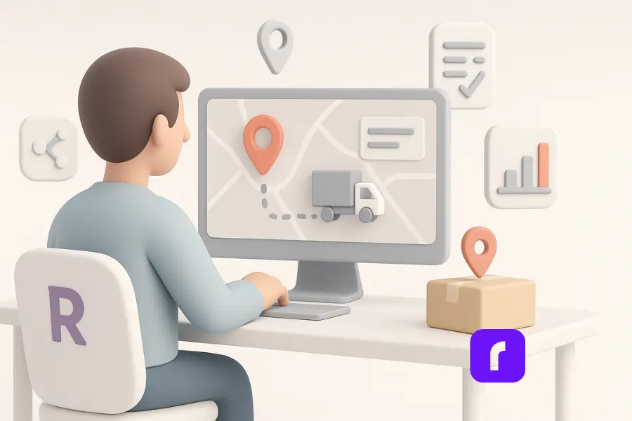 Multi Carrier Shipping Software & Money-Saving Tips 5 A 3D-rendered digital illustration in a minimalist pastel style showing a person sitting at a clean white desk, viewing a computer monitor with a digital map interface. The screen displays a large location pin and a delivery truck icon, symbolizing real-time shipment tracking. The character sits in a white chair featuring a purple "R" for Rollo. Floating around the workspace are soft-colored icons representing data analytics, checklists, and connectivity. A cardboard box with a location marker sits on the desk, emphasizing streamlined shipping operations with Rollo Ship.