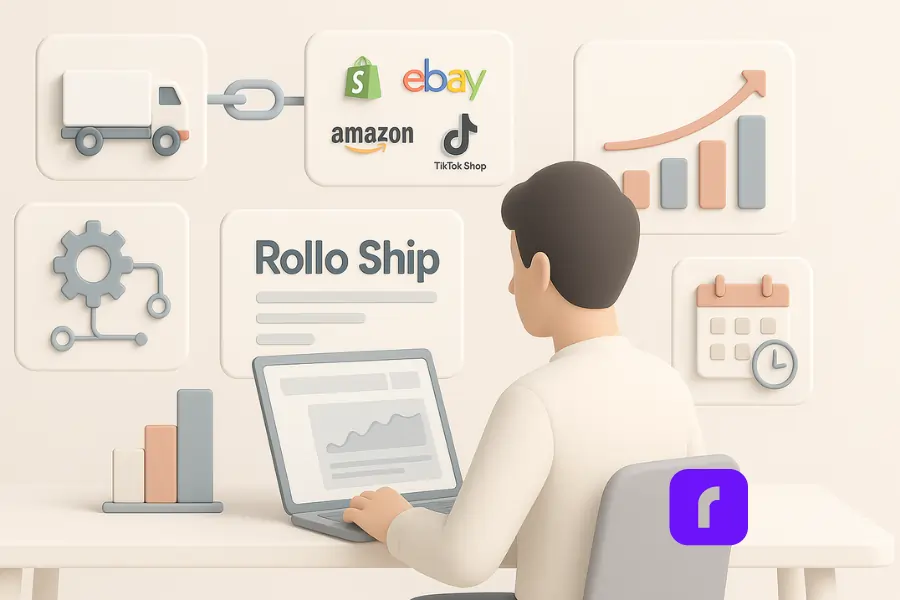 Multi Carrier Shipping Software & Money-Saving Tips 3 A 3D-rendered illustration of a modern e-commerce seller sitting at a minimalist desk, using a laptop with the Rollo Ship dashboard on screen. Surrounding the user are floating pastel-colored panels representing Rollo Ship’s features: carrier integration (truck icon), marketplace connections (Shopify, eBay, Amazon, TikTok Shop logos), automated shipping rules (gear icon), real-time rate comparison (bar graph), scheduled pickups (calendar with clock), and analytics (growth chart). The scene uses soft, rounded shapes and a muted color palette to convey simplicity, automation, and efficiency.