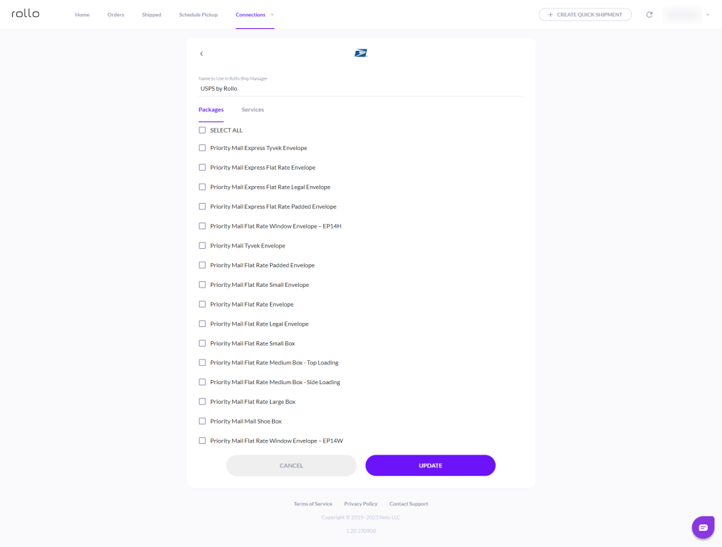 Select the USPS shipping services you wish to enable in Rollo Ship app