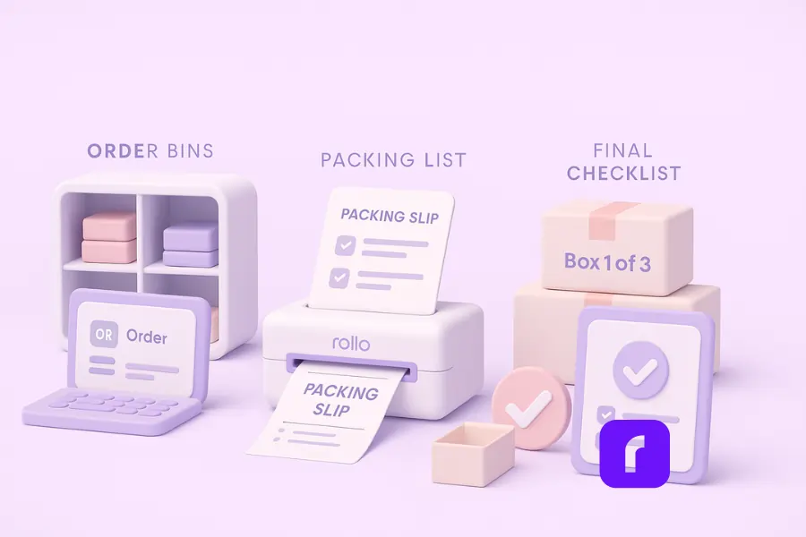 How to Set Up Your Shipping Station for Ecommerce Success! 7 A minimalist 3D illustration of a streamlined packing list workflow, featuring pastel-toned order bins with stacked items, a Rollo label printer printing branded packing slips, and clearly labeled multi-box shipments (e.g., “Box 1 of 3”). The scene includes a final checklist station with a tablet displaying verification steps and checkmarks, all arranged in a clean, lavender-themed workspace that visually emphasizes automation, accuracy, and scalable fulfillment processes.