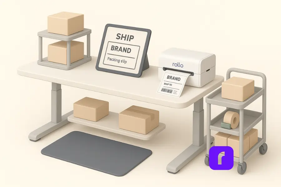 How to Set Up Your Shipping Station for Ecommerce Success! 3 A wide 3D-rendered illustration of a modern, ergonomic home shipping station featuring a height-adjustable white desk, anti-fatigue mat, Rollo wireless label printer actively printing a branded shipping label, tablet displaying a packing slip, organized shelving with boxes and a scale, and a mobile cart stocked with packing tape and supplies—all set in a minimalist, pastel-toned workspace designed for efficiency and comfort.