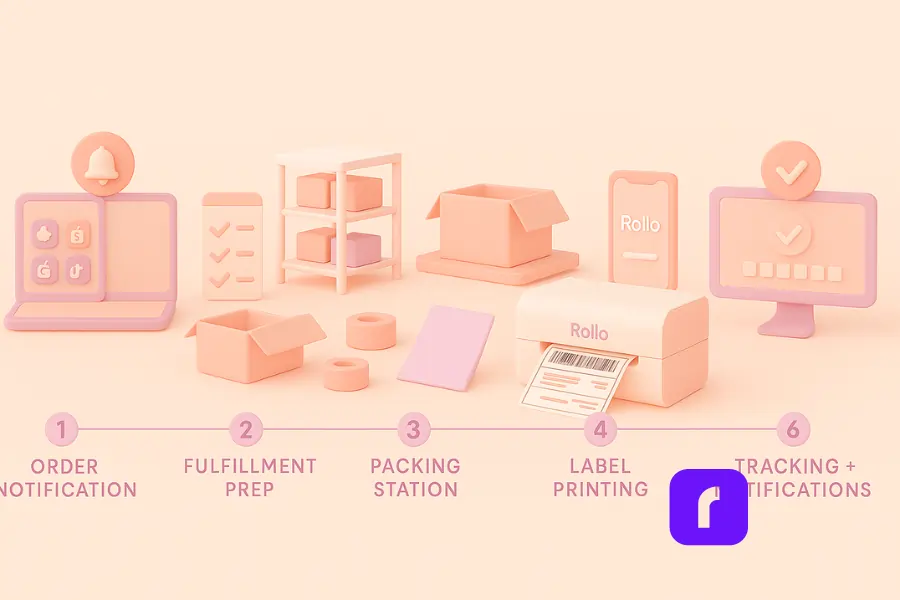 How to Set Up Your Shipping Station for Ecommerce Success! 5 A pastel-colored 3D illustration of a DIY shipping workflow using Rollo products, arranged in six sequential steps: a laptop showing order notifications from Amazon, Shopify, and TikTok Shop; a fulfillment prep area with checklists and product shelves; a packing station with open boxes, tape, and a purple mailer; a Rollo wireless printer actively printing a shipping label; a mobile device scheduling a pickup via the Rollo app; and a computer screen displaying tracking confirmation—each stage labeled and visually connected in a smooth left-to-right progression.