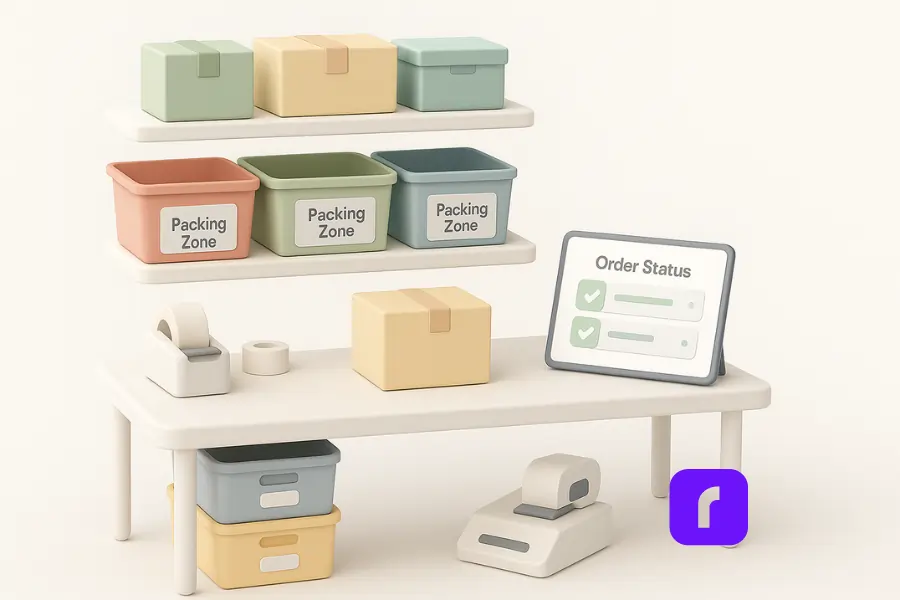 How to Set Up Your Shipping Station for Ecommerce Success! 2 3D illustration of a minimalist, pastel-colored home shipping station with labeled packing bins, a desk featuring duplicate packing supplies, a wireless label printer, a scale with a package, and a digital tablet displaying order status updates—visually representing an efficient, multi-zone fulfillment setup.