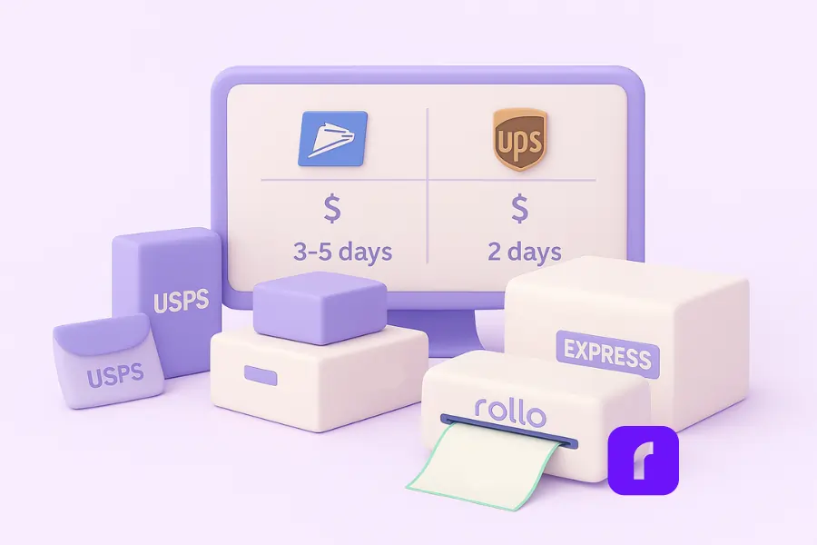 How to Set Up Your Shipping Station for Ecommerce Success! 8 A minimalist 3D illustration showing a pastel-colored shipping comparison dashboard with USPS and UPS services. The display highlights estimated delivery times (3–5 days for USPS, 2 days for UPS) and general cost indicators using dollar signs. In front of the screen, a Rollo wireless label printer is actively printing a USPS Ground shipping label, surrounded by stylized packages labeled “USPS,” “UPS,” and “EXPRESS,” clearly emphasizing smart carrier selection for efficient small business shipping.