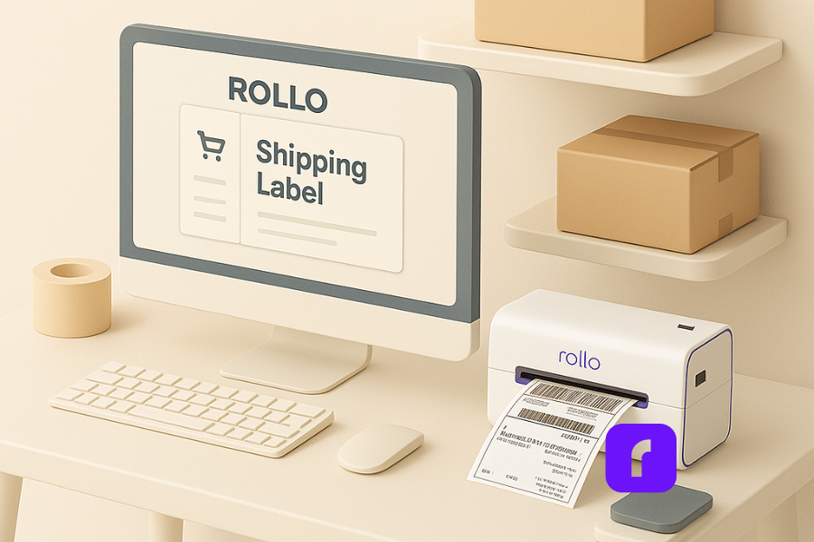 How to Set Up Your Shipping Station for Ecommerce Success! 1 A minimalist 3D illustration of a neatly organized home shipping station featuring a wireless Rollo label printer actively printing a shipping label, a clean white desk with packing tape, digital scale, and a computer screen displaying Rollo's shipping software—all styled in soft pastel tones with smooth, rounded shapes and a clutter-free layout.