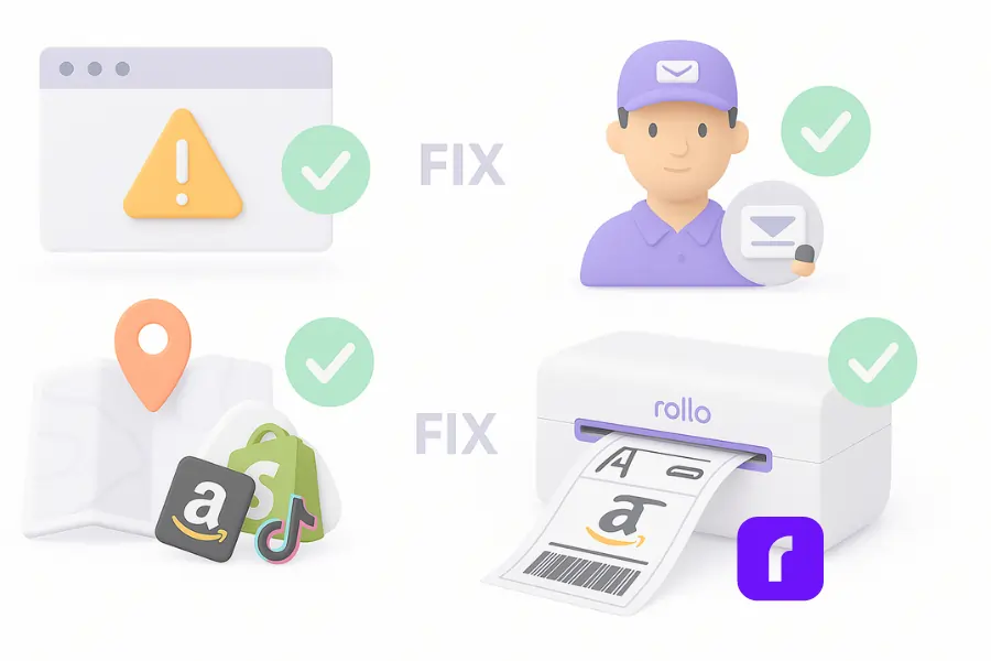 The Amazon Shipping Label Strategy Helping Volume Sellers 3 A minimalist 3D-style digital illustration showing four common Amazon shipping label problems and their solutions. The issues include a browser with a warning icon, a USPS clerk with a crossed-out label, a map with a misplaced pin and platform logos (Amazon, Shopify, TikTok), and a Rollo wireless printer printing an Amazon shipping label. Each problem is paired with a green checkmark indicating a quick fix, arranged in a clean, pastel-colored layout.
