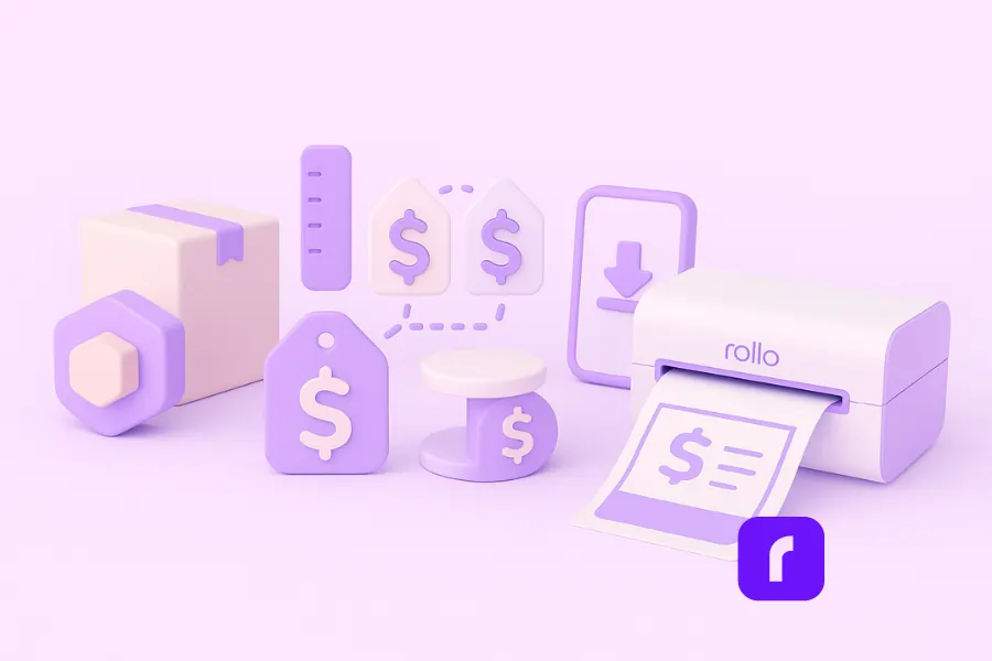 The Amazon Shipping Label Strategy Helping Volume Sellers 6 "Minimalist 3D illustration of a Rollo wireless thermal printer printing a shipping label, surrounded by icons representing cost-saving strategies like box size reduction, cubic pricing, and real-time rate comparison, set on a soft pastel background.