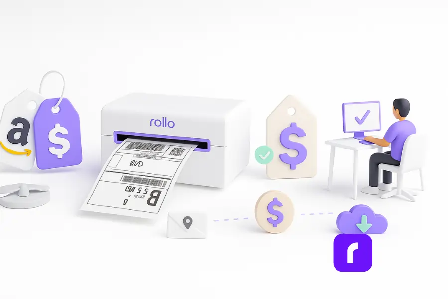 The Amazon Shipping Label Strategy Helping Volume Sellers 5 A minimalist 3D digital illustration showing a streamlined e-commerce fulfillment process with Rollo Ship. The scene features a Rollo wireless thermal printer printing a shipping label, price tags with Amazon and dollar symbols representing rate comparison and savings, an envelope with a location pin for auto-email tracking, and a person working efficiently at a modern desk. All elements are connected by a dotted purple line, with a clean white background and soft purple accents.