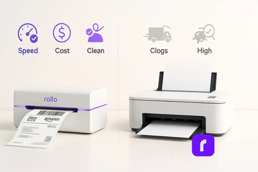 The Amazon Shipping Label Strategy Helping Volume Sellers 4 "A photorealistic comparison between a Rollo wireless thermal printer and a standard desktop inkjet printer. The Rollo printer, shown printing an Amazon shipping label, is accompanied by icons representing speed, cost savings, and clean operation. The inkjet printer is shown with icons indicating slow speed, clogs, and high costs. The scene features a minimalist, light-colored background with soft purple accents.