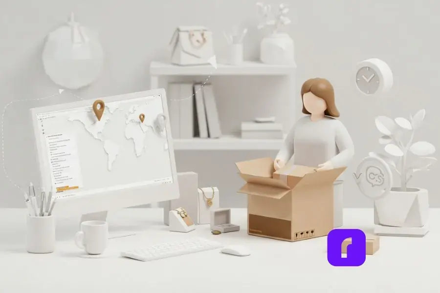 Why UPS Worldwide Saver® Is Perfect for Online Sellers 1 woman placing product in package next to desktop monitor with UPS worldwide saver on dashboard.