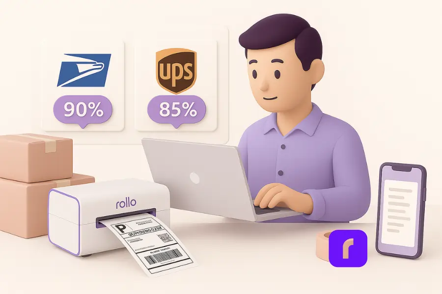 Minimalist 3D illustration of a small business owner using a laptop with a Rollo Wireless Printer printing a shipping label. Floating panels display USPS and UPS logos with discount percentages (90% and 85%). Pastel-colored packages, tape, and a smartphone complete the clean, modern workspace.