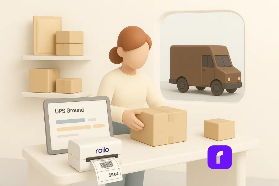 How to Cut Costs with UPS Ground Shipping Today! 3 A minimalist 3D illustration of a small business shipping station featuring a woman preparing a package for UPS Ground delivery. The scene includes a Rollo wireless label printer printing a shipping label, a digital tablet displaying rate comparisons, neatly stacked packages on shelves, and a brown delivery truck visible through the window—highlighting cost-effective shipping practices using Rollo tools.