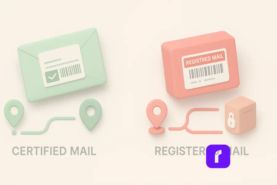 A minimalist 3D illustration comparing Certified Mail and Registered Mail using soft pastel colors. On the left, a green envelope labeled "Certified Mail" travels along a simple route marked by two basic tracking icons. On the right, a red package labeled "Registered Mail" follows a more complex path featuring a location pin, curved tracking route, and a secure lockbox, visually representing enhanced security and tracking. The symmetrical layout emphasizes the difference in delivery detail and protection between the two services.