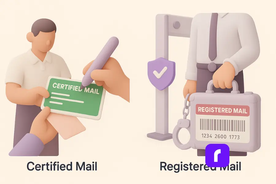 A pastel-colored 3D illustration comparing Registered vs Certified Mail. On the left, a stylized figure signs a green Certified Mail receipt, with simplified hands and forms against a soft beige background. On the right, a business figure holds a handcuffed briefcase labeled "Registered Mail" with a barcode, standing near a security checkpoint marked by a purple shield with a checkmark—visually emphasizing the added security of Registered Mail.