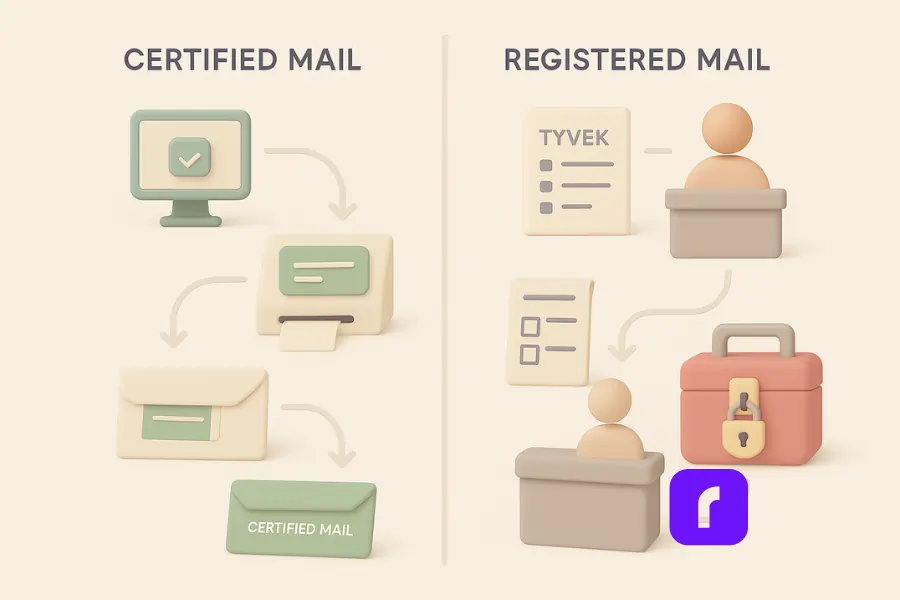 A minimalist 3D illustration comparing the workflows of Certified Mail and Registered Mail in two vertical columns. On the left, the Certified Mail process is represented by icons for using a third-party service, printing a label with a thermal printer, preparing an envelope, and mailing it—highlighted in soft green and beige tones. On the right, the Registered Mail process shows steps like packaging with Tyvek, filling out USPS Form 3806, handing off to a USPS clerk, and securing the item in a locked container—illustrated in muted reds and warm neutrals. Arrows connect each step, visually emphasizing the differences in complexity and procedure.