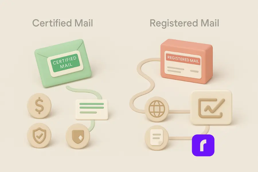 A minimalist 3D illustration comparing Certified Mail and Registered Mail using soft pastel tones. On the left, a green Certified Mail envelope is shown with icons representing affordability, basic insurance, and simple domestic mailing. On the right, a red Registered Mail package is connected to icons depicting high-value insurance, international service, and added preparation requirements like official forms. Curved lines guide the viewer through each mailing path, visually emphasizing differences in cost, coverage, and complexity.