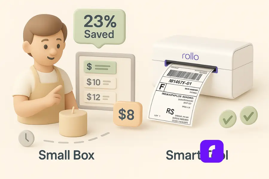 Shipping Rate Comparison Tips That Actually Work 5 3D minimalist illustration showing a small business owner using Rollo’s smart shipping tool. On the left, the seller stands next to a candle with a screen displaying real-time shipping rates and a tag showing $8. A green speech bubble reads '23% Saved.' On the right, a Rollo wireless thermal printer prints a 4×6 shipping label, with eco-friendly checkmark and leaf icons below. The scene uses soft pastel tones and clean visuals to highlight efficiency, savings, and sustainability.