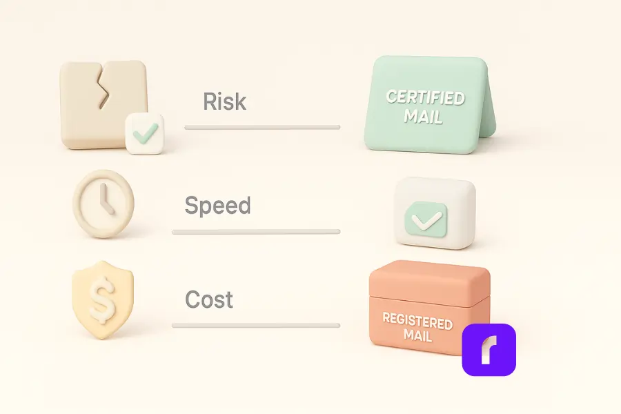 A minimalist 3D illustration designed as a visual decision guide for choosing between Certified Mail and Registered Mail. The layout features three horizontal rows labeled “Risk,” “Speed,” and “Cost.” Each row includes a corresponding icon—a broken package for risk, a clock for urgency, and a dollar sign within a shield for cost and insurance. On the right, a green Certified Mail envelope and a red Registered Mail box are paired with checkmarks next to the scenarios they best suit. The design uses soft pastel tones, rounded shapes, and clean visual hierarchy to simplify the decision-making process.