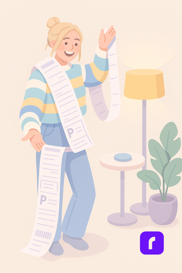 This Free Label Printing Software Will Surprise You 4 Illustration of a smiling woman holding a long roll of printed labels, representing fast and efficient label printing for small businesses using Rollo.