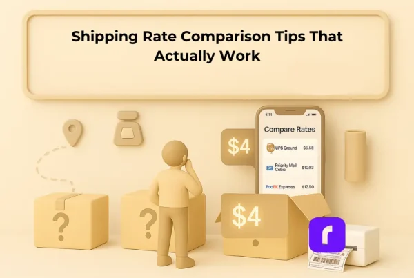 3D illustration of a small business owner comparing shipping rates in a game show-style scene. The figure stands in front of three mystery boxes, with one open revealing a $4 price tag and a smartphone screen displaying shipping rate options like UPS Ground, Priority Mail Cubic, and FedEx Express. Above, a glowing sign reads 'Shipping Rate Comparison Tips That Actually Work.' A Rollo thermal printer sits nearby printing a 4x6 shipping label, emphasizing the use of Rollo Ship for smart rate comparison.