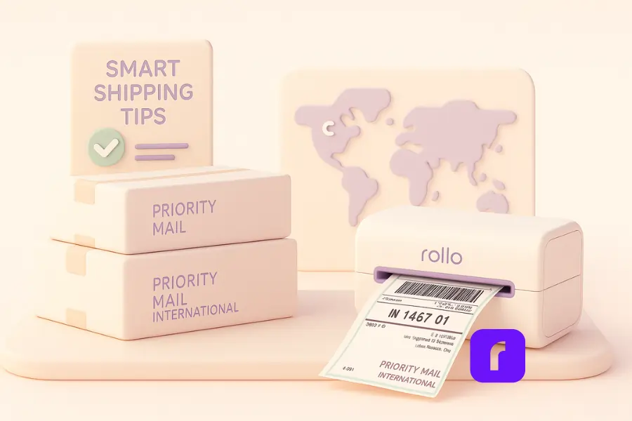 7 Smart Ways to Save on USPS Priority Mail International® 2 A minimalist 3D illustration featuring a pastel-colored shipping workspace with USPS Priority Mail International boxes, a Rollo wireless printer printing an international shipping label, and a “Smart Shipping Tips” checklist, all set against a softly blurred world map background.
