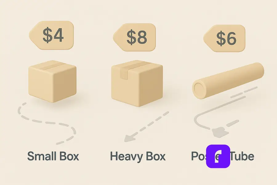 Shipping Rate Comparison Tips That Actually Work 4 "Minimalist 3D illustration showing three different package types matched with shipping costs. On the left, a small box labeled '$4' travels a short dotted path. In the center, a heavy cube-shaped box labeled '$8' follows a sturdier, angled path. On the right, a poster tube labeled '$6' moves along a direct route with curved speed lines. Each package is neatly labeled—'Small Box,' 'Heavy Box,' and 'Poster Tube'—and depicted in soft pastel tones to emphasize cost-effective shipping based on package shape and weight.