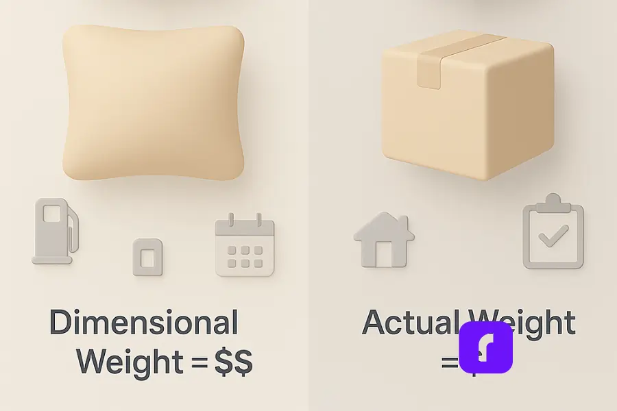 Shipping Rate Comparison Tips That Actually Work 2 Minimalist 3D illustration comparing dimensional weight and actual weight in shipping costs. On the left, a large, pillow-shaped package labeled 'Dimensional Weight = $$' is surrounded by surcharge icons including a fuel pump, calendar, and surcharge symbol. On the right, a smaller, denser box labeled 'Actual Weight = $' is accompanied by icons representing residential delivery and signature requirements.