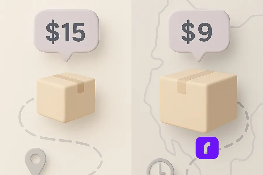 Shipping Rate Comparison Tips That Actually Work 1 3D minimalist illustration of a shipping rate comparison. The left side shows a smaller package with a '$15' tag and a short dotted path, representing a local shipment. The right side displays a larger package with a '$9' tag and a longer route crossing a map background, symbolizing a national shipment. Icons include a location pin and clock, with a purple Rollo logo subtly placed near the bottom right to indicate branded shipping support.