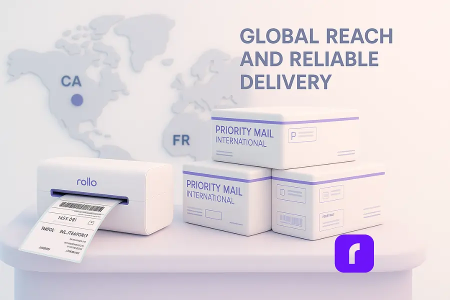 7 Smart Ways to Save on USPS Priority Mail International® 1 A minimalist 3D illustration showing a Rollo wireless printer printing a label next to neatly stacked USPS Priority Mail International boxes, with a softly blurred world map in the background highlighting global delivery hubs like Canada and France.