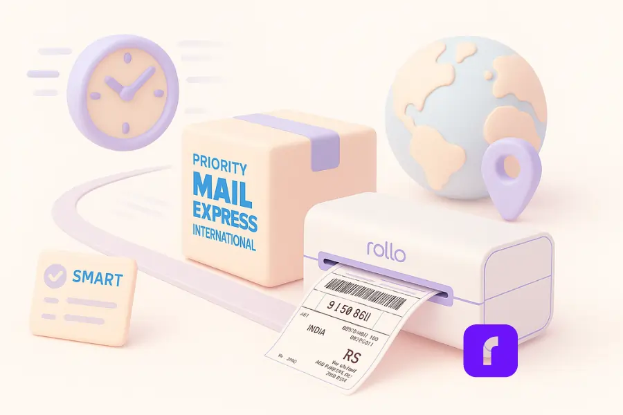 7 Smart Ways to Save on USPS Priority Mail International® 3 A soft pastel 3D illustration featuring a Priority Mail Express International package moving along a delivery path toward a globe, with a Rollo wireless printer printing a shipping label and a clock symbolizing urgent delivery.
