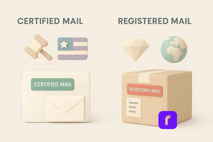 A minimalist 3D illustration comparing when to use Certified Mail versus Registered Mail. On the left, Certified Mail is represented by a gavel and an American flag above a labeled envelope, symbolizing legal documents and domestic use. On the right, Registered Mail is depicted with a diamond and a globe above a secured package, indicating high-value and international shipments. The clean, pastel-toned layout emphasizes the purpose-based distinction between the two mailing types.