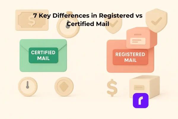 A minimalist 3D illustration comparing Certified Mail and Registered Mail, designed in a soft pastel color scheme. In the center, two large mailpieces dominate the layout: a green Certified Mail envelope on the left and a coral red Registered Mail package on the right. Surrounding each are stylized icons representing their strengths—Certified Mail is associated with speed and affordability, while Registered Mail is linked to security, tracking, and insurance. The symmetrical, text-free layout and clean design highlight the visual differences in features between the two mailing options.