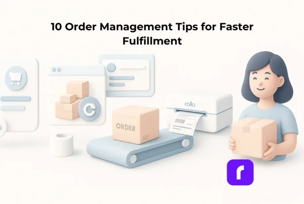 A minimalist 3D illustration showing the order fulfillment process from left to right. It features stylized elements including a digital shopping cart, inventory dashboard, order management screens, a Rollo wireless printer printing a shipping label, and a smiling woman holding a package. The scene is designed in soft pastel tones with smooth, rounded shapes and a clean white background, emphasizing speed, automation, and organization in order management.