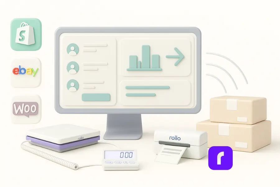10 Order Management Tips for Faster Fulfillment 2 A minimalist 3D illustration showcasing automated order management efficiency. On the left, icons for Shopify, eBay, and WooCommerce indicate multichannel sales input. At the center, a sleek monitor displays a dashboard with order data and real-time inventory analytics. Below it, a Rollo Shipping Scale with a coiled cord and digital display sits beside a Rollo printer producing a shipping label. On the right, neatly stacked packages and wireless signal lines represent smooth, hands-free fulfillment. The scene is rendered in soft pastel tones with rounded shapes and a clean, clutter-free layout.