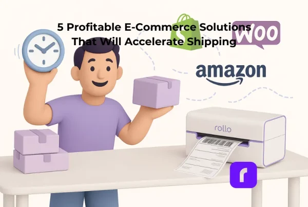 A 3D illustration shows a smiling e-commerce business owner at a white table, holding a purple shipping box in one hand and a clock in the other. Beside him is a sleek Rollo Wireless Printer printing a shipping label. Above the printer, floating e-commerce platform logos (Shopify, WooCommerce, Square) appear, connected by dashed lines to symbolize automation and efficiency. The color palette is soft pastels—white, muted purple, and light blue—conveying a clean, modern, and efficient workspace.