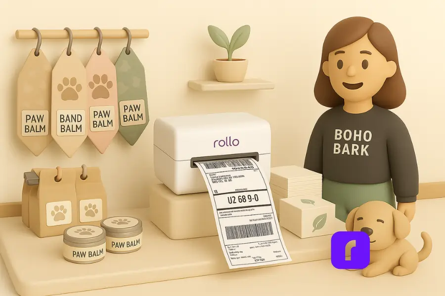 A 3D-rendered digital illustration of a small business workspace for Boho and Bark. The scene features a Rollo wireless thermal printer printing an eco-friendly shipping label. Nearby, stacks of FSC-certified label paper, dog-themed packaging like paw balm tins, bandanas with paw prints, and cardboard boxes with green leaf symbols are neatly arranged. A smiling woman wearing a “BOHO BARK” sweatshirt stands next to a happy dog, representing the playful, sustainable spirit of the brand. The workspace is minimalistic, with soft beige tones, smooth surfaces, and a cozy, organized layout.