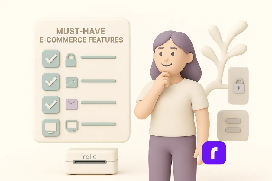 A 3D digital illustration in soft pastel tones shows a thoughtful small business owner, a woman with long purple hair, standing beside a large checklist titled "Must-Have E-Commerce Features." The checklist displays icons for secure checkout, SEO tools, abandoned cart emails, and responsive website themes, each with corresponding checkmarks. In the background, a branching tree-like shape contrasts with locked, grayed-out icons, symbolizing a rigid system versus a flexible e-commerce platform. A Rollo printer is positioned beneath the checklist, reinforcing the connection to order fulfillment. The scene emphasizes the importance of essential e-commerce features for smooth operations.