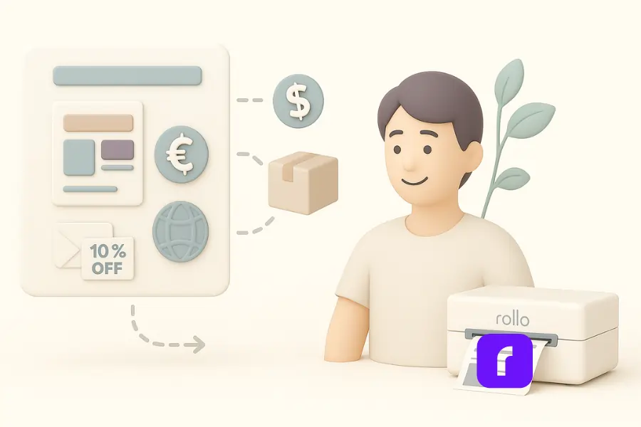 A minimalist 3D digital illustration in soft pastel tones features a smiling e-commerce business owner standing confidently next to a digital dashboard. The dashboard displays stylized icons for essential e-commerce features: a percentage discount email, a globe with currency symbols, and a package with a barcode, all connected by arrows to a Rollo thermal printer printing shipping labels. The scene conveys the idea of advanced tools for scaling e-commerce operations efficiently, emphasizing smooth workflow, automation, and global reach.