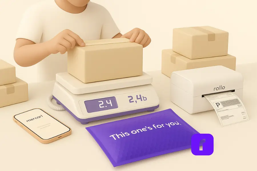 Exclusive Mercari Selling Secrets You Need To Know Now! 4 A minimalist 3D illustration of a Mercari seller carefully weighing a package on a Rollo shipping scale, surrounded by a Rollo wireless label printer printing a shipping label, a vibrant purple Rollo bubble mailer reading "This one's for you!" laid flat, a smartphone displaying the Mercari app, and a few stacked cardboard boxes. The scene conveys the seller's attention to detail in preparing orders, set in a clean, uncluttered workspace with soft pastel tones and balanced lighting.