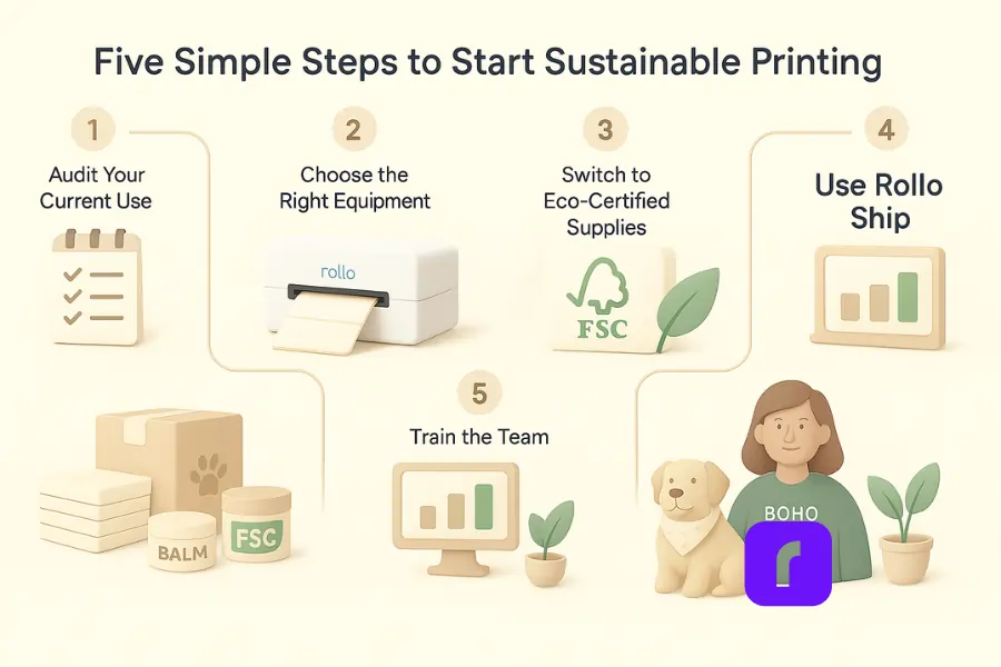 A 3D-rendered digital illustration titled "Five Simple Steps to Start Sustainable Printing" shows a five-step guide in a clear, minimalist layout. The illustration uses soft pastel colors, including whites, muted greens, and soft purples. Each step is visually represented with unique, simple icons: a checklist for "Audit Your Current Use," a Rollo Wireless Printer for "Choose the Right Equipment," an FSC-certified label for "Switch to Eco-Certified Supplies," a graph-like dashboard for "Use Rollo Ship," and a small team of people and a plant for "Train the Team." Additional details include dog-themed packaging, FSC-certified boxes, and a character wearing a "BOHO" shirt, with a dog sitting nearby—emphasizing small business sustainability.