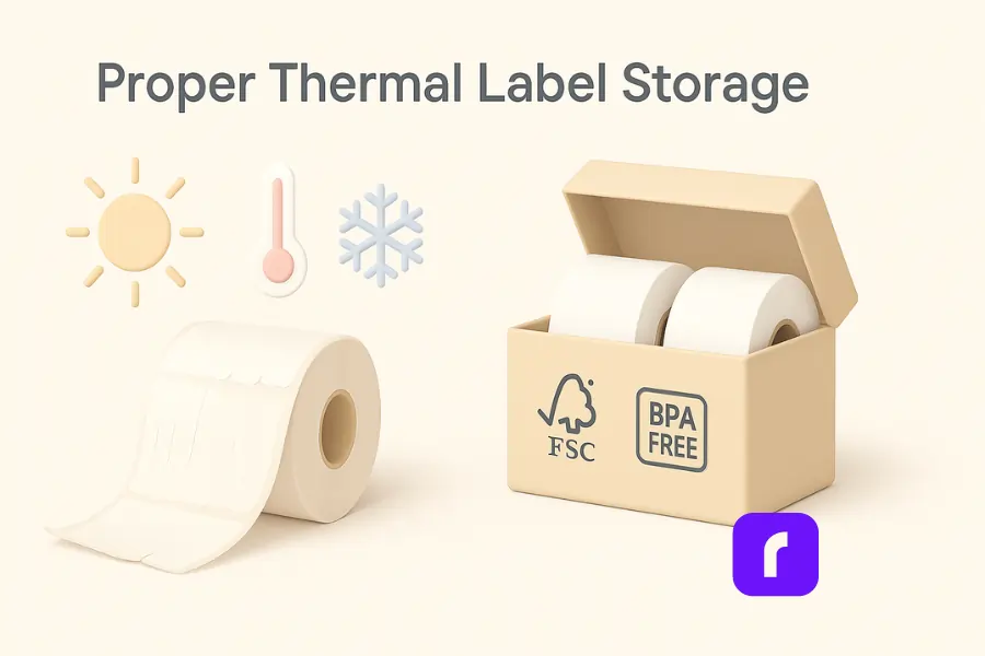 How Thermal Printers Slash Your Shipping Costs 5 Minimalist 3D illustration showing proper and improper thermal label storage. On the left, a label roll is exposed to sunlight and heat, represented by a sun and thermometer icon, with visible curling. On the right, label rolls are stored neatly in a closed, labeled box marked "FSC" and "BPA Free," accompanied by a snowflake icon, symbolizing a cool, dry storage environment. The image visually contrasts bad and good storage practices to maximize label lifespan.
