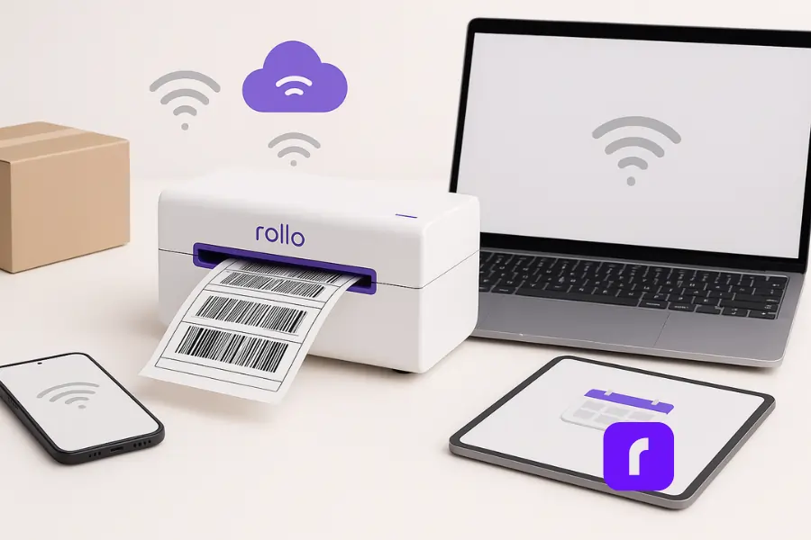 A high-resolution image illustrating mobile printing in action, featuring a wireless Rollo thermal label printer printing a shipping label. The setup includes a smartphone, tablet, and laptop—all connected via Wi-Fi—demonstrating seamless mobile printing across multiple devices in a clean, modern workspace. A cardboard box and soft cloud icon enhance the eCommerce and small business context.