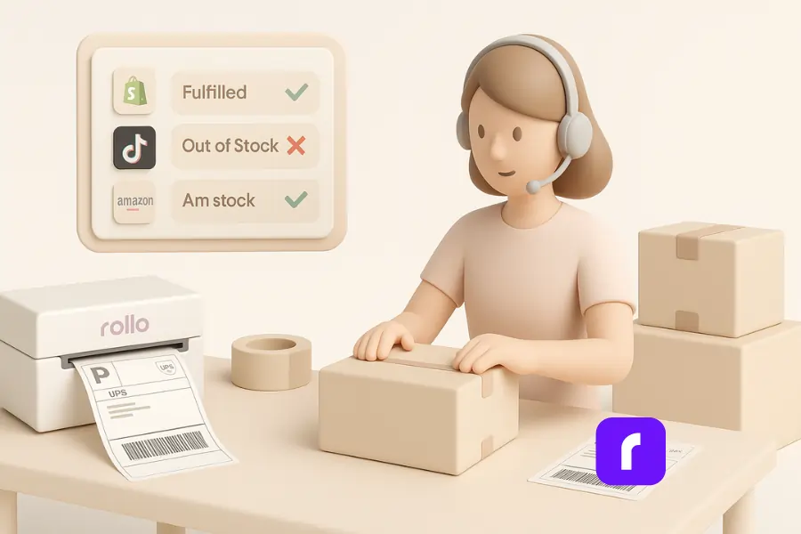 10 Order Management Tips for Faster Fulfillment 7 A 3D pastel-colored illustration of an efficient e-commerce order fulfillment station. A woman with a headset, wearing a light pink shirt, packs a cardboard box on a beige table. To her left, a white Rollo thermal printer prints a UPS shipping label, featuring the Rollo logo in soft purple. A digital screen above displays Shopify, TikTok, and Amazon order statuses with green checkmarks for "Fulfilled" and a red cross for "Out of Stock." The workspace is organized with boxes, tape, and shipping labels, creating a calm, minimalist scene.