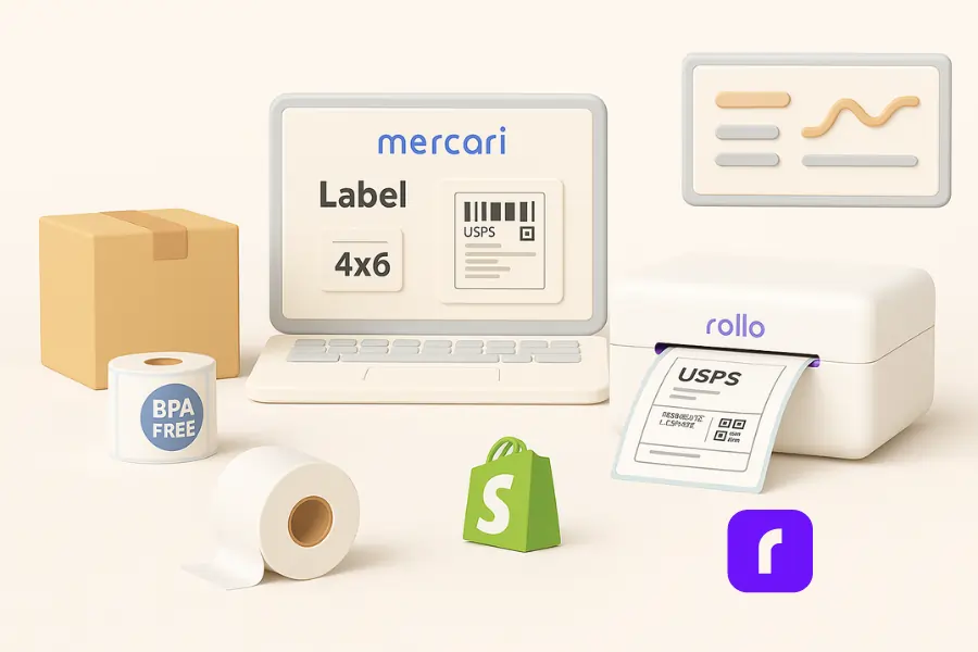 Exclusive Mercari Selling Secrets You Need To Know Now! 6 A minimalist 3D illustration showing a seller’s workspace with a Rollo Wireless Label Printer printing a 4x6 shipping label for a Mercari order. The scene features a laptop displaying Mercari’s label screen, a cardboard package ready for shipping, a BPA-free label roll, a Shopify logo, and a tracking dashboard, all arranged in a clean layout with soft pastel colors and rounded shapes. The visual conveys the theme of multi-platform e-commerce efficiency, eco-friendly shipping, and professional label printing.