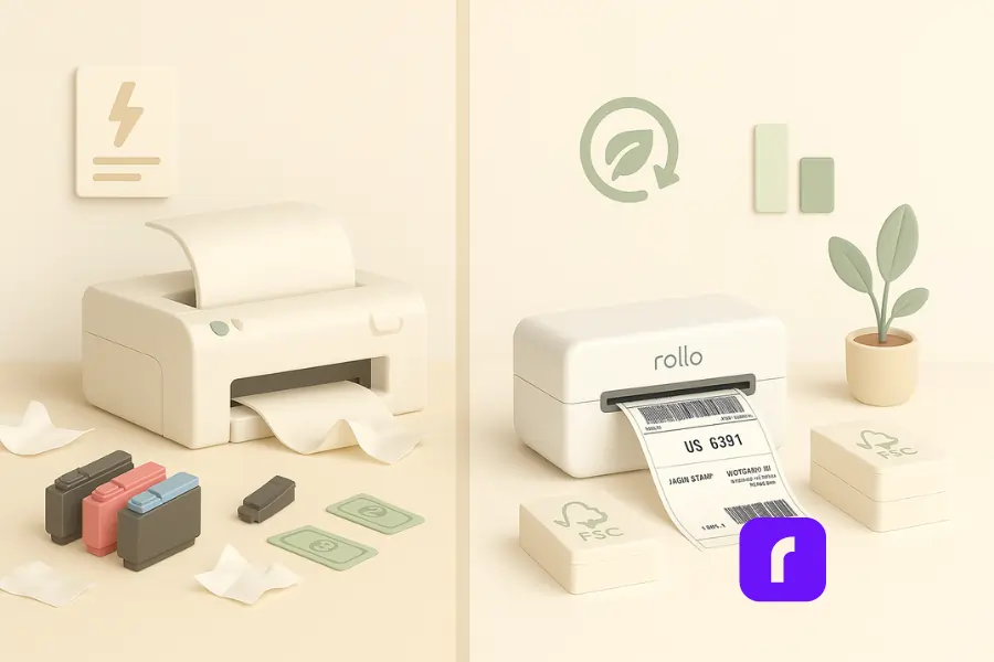 A 3D-rendered digital illustration compares the hidden costs of traditional printing with the benefits of sustainable printing. On the left, a cluttered workspace features an outdated inkjet printer, scattered ink cartridges in various colors, crumpled paper, and dollar bills—representing high expenses and waste. A yellow energy icon signals high energy consumption. On the right, a sleek Rollo thermal printer is shown printing a shipping label onto FSC-certified labels, surrounded by a small potted plant, a green energy-efficient icon, and a bar chart symbolizing lower operational costs. The minimalist, pastel color palette of beige and soft green creates a calm, balanced aesthetic that emphasizes sustainability and cost savings.