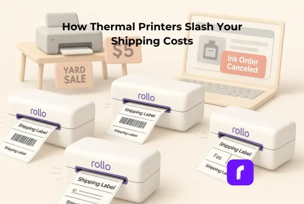 3D illustration in a soft pastel style featuring four Rollo thermal label printers in the foreground, each actively printing clean shipping labels. In the background, an old inkjet printer sits on a yard sale table with a “$5” and “Yard Sale” sign. Beside it, a laptop screen displays a red “Ink Order Canceled” message over a grayed-out ink cartridge listing. The clean, minimalist scene emphasizes cost savings, efficiency, and modern shipping automation through thermal printing.