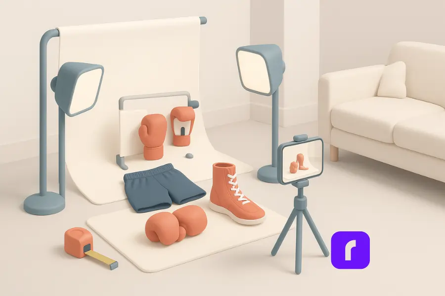 Exclusive Mercari Selling Secrets You Need To Know Now! 3 A minimalist 3D illustration depicting a seller creating a Mercari listing for athletic sportswear. The scene shows a small home photo shoot setup in a living room corner, featuring a smartphone on a tripod capturing images of boxing gloves, boxing shoes, and shorts arranged neatly on a display mat, with soft lighting and a simple backdrop creating a clean, professional vibe.
