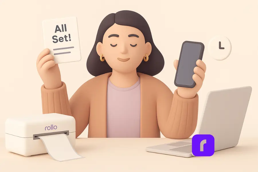 A minimalist 3D illustration of a woman with long dark hair sitting at a desk, smiling with her eyes closed. She holds a card that reads “All Set!” in one hand and a smartphone in the other. In front of her is a Rollo wireless label printer actively printing a label and an open laptop. The scene uses soft pastel colors, rounded shapes, and smooth shadows to convey a clean, modern setup experience.